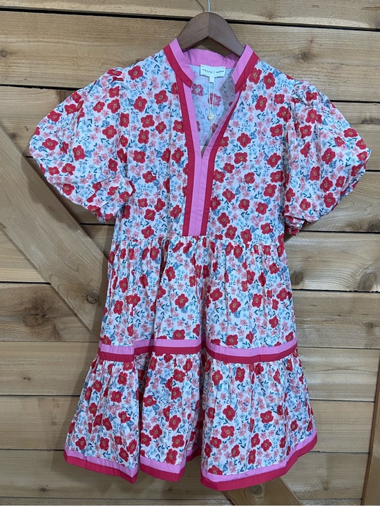 entro Dresses & Skirts - Entro Red Floral Puff-Sleeve Dress - Pink Trim